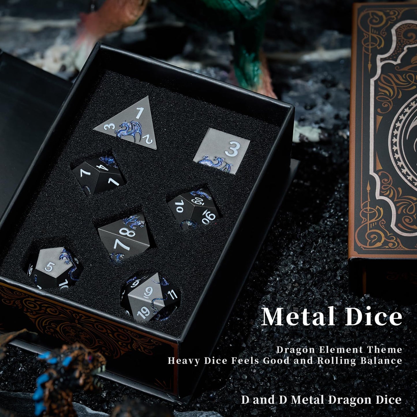 HNCCESG Metal Dice Set D&D,Glitter Blue Dragon Heavy Metallic DND Dice,Polyhedral Dice 7 Piece for Dungeons and Dragon Tabletop
