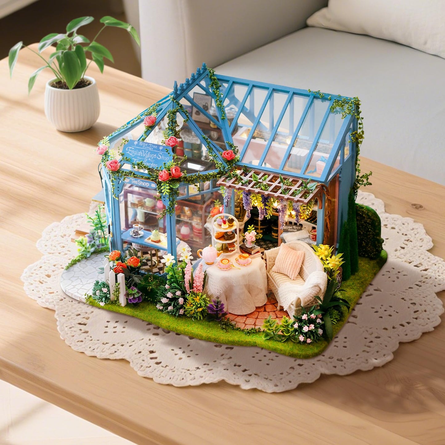 Fsolis DIY Miniature Dollhouse Kit for mature-themeds - Tiny Scene House Mini Garden House Kit 3D Puzzles for mature-themeds Gifts for Women Teenagers Craft Lovers (Rose Garden Tea House)