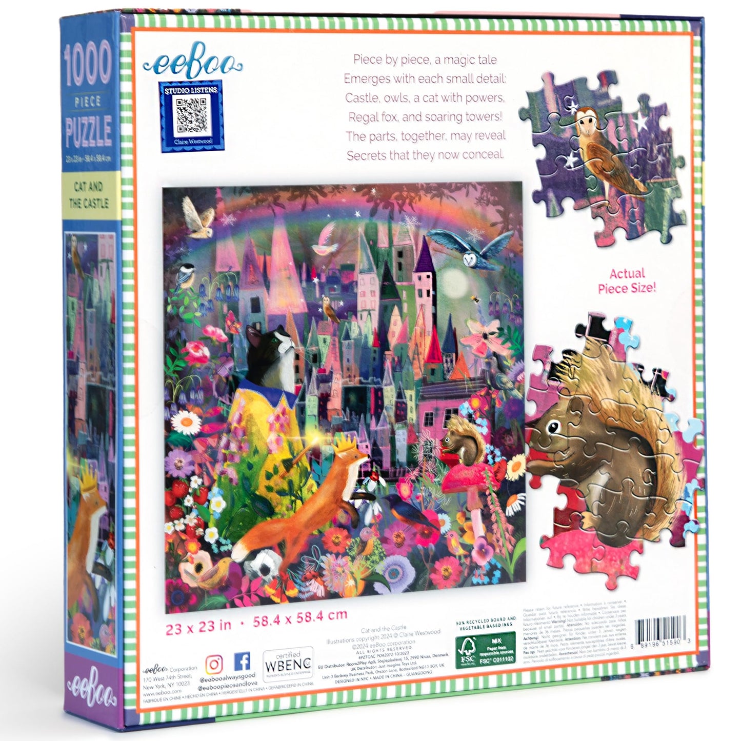 eeBoo Piece & Love: Cat & The Castle - 1000 Piece Puzzle - mature-themed Square Jigsaw  23x23  Includes Image Reference Insert  Glossy Pieces