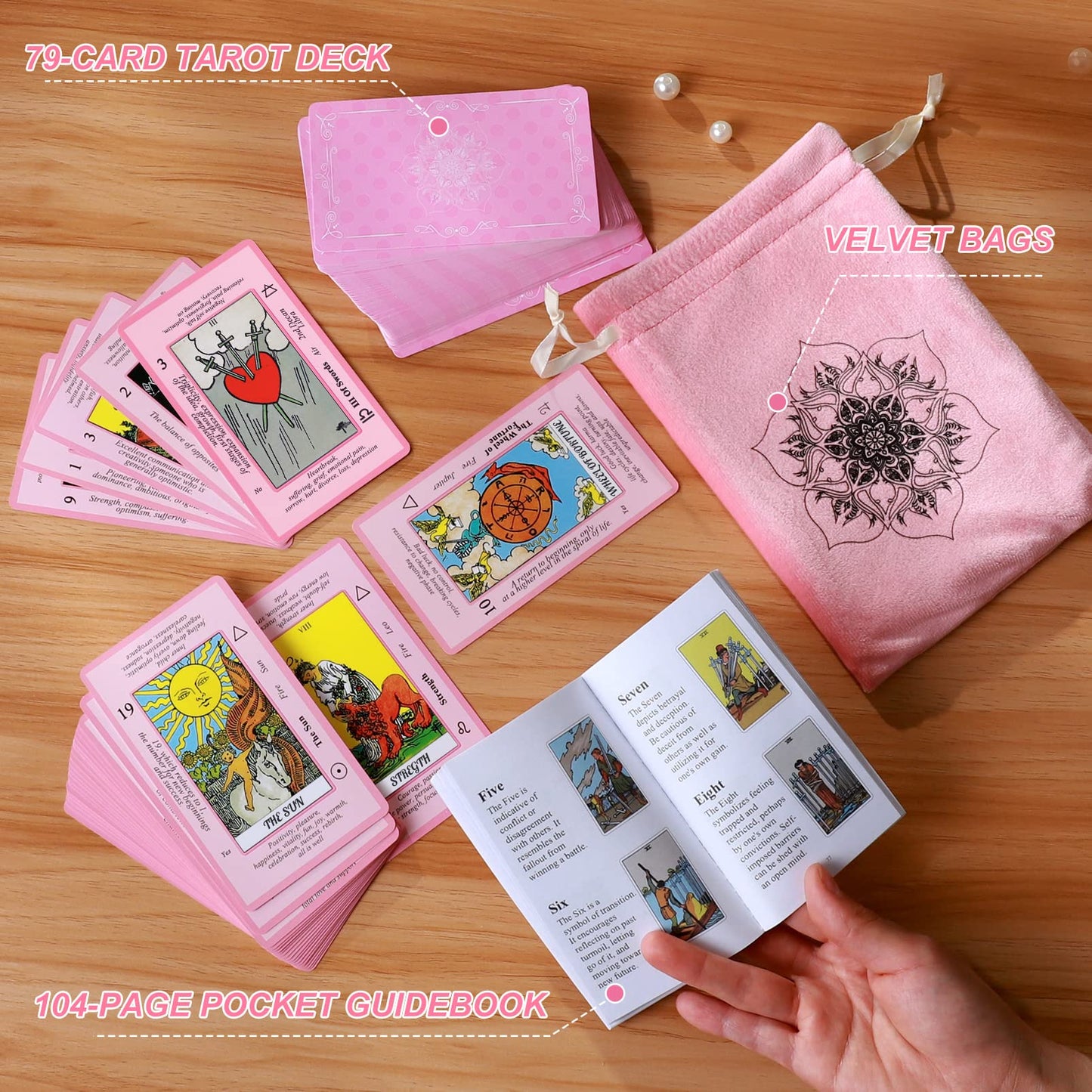 Myripoly Pink Tarot Cards Deck Set For Beginners With Meanings On Them-Tarot Card With Guidebook-(Free Velvet Tarot Bag Pouch)