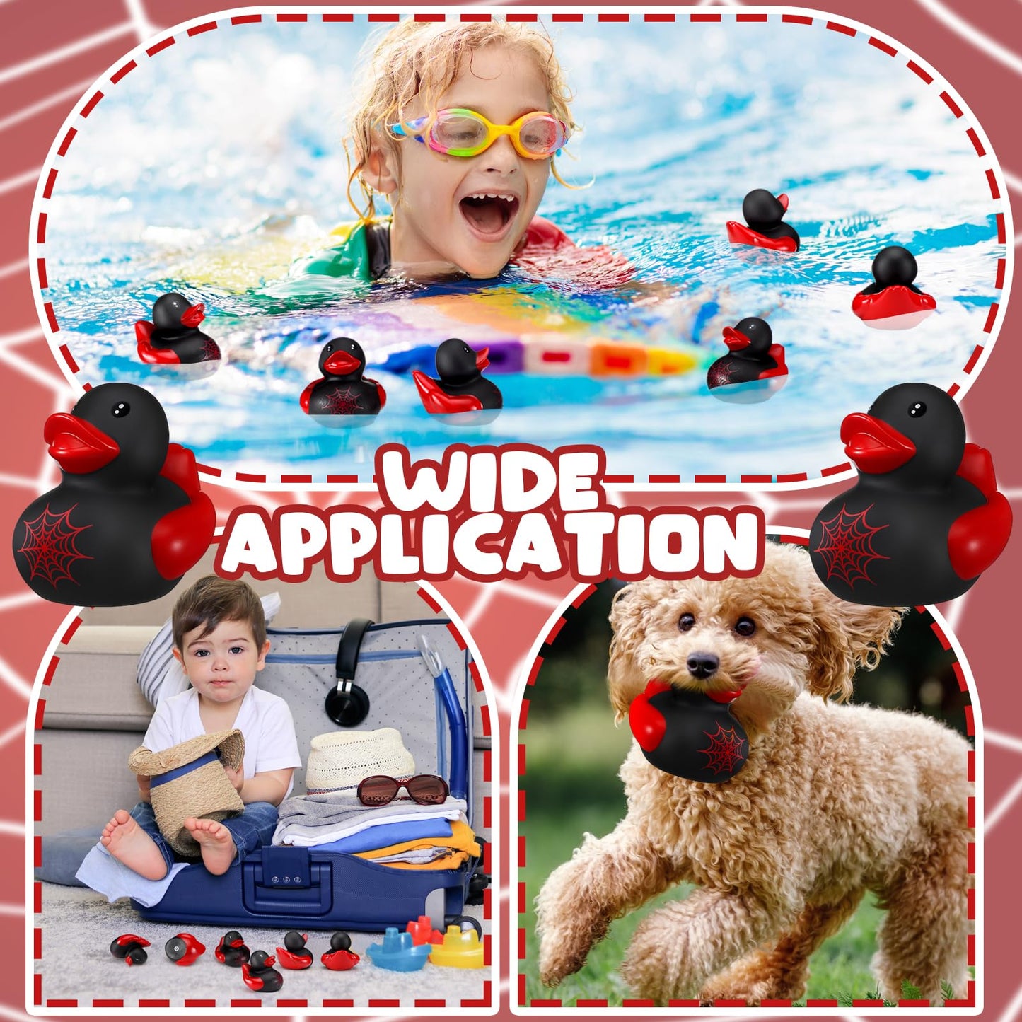 Leyndo 24 Pcs Christmas Spiderweb Rubber Duck Bulk Spiderweb Birthday Party Decoration Favors Squeaky Red Black Rubber Duck for Bathtub Floating Pool Gifts Party Supplies