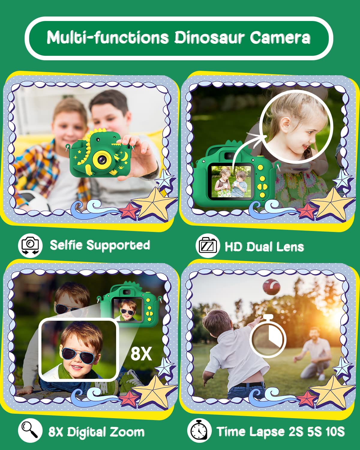 GREENKINDER Kids Dinosaur Digital Camera, 1080P HD, Compact Green, Ages 3-12, Perfect Christmas/Birthday Gift for Boys & Girls