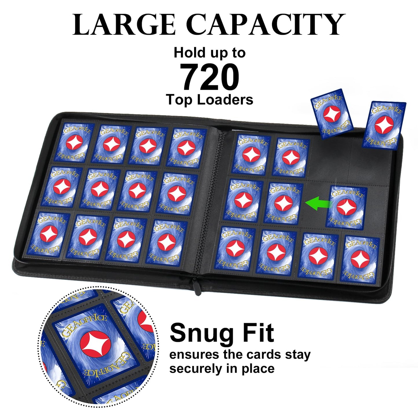 GEAoffice Trading Card Binder 12 Pocket Hold 720 Cards  enhanced PU Cover Zipper Collection Binder  Ringless Sturdy Side Loading Card Album Folder for YuGiOh  MTG  TCG  Game & Sports  Non-PVC  Black