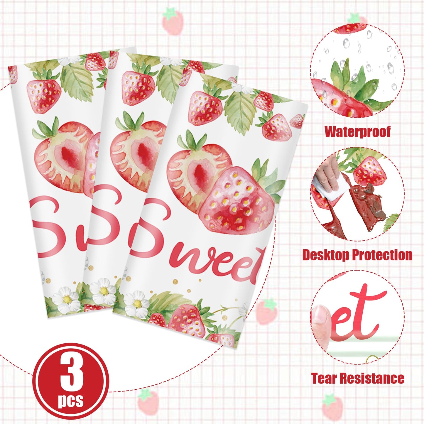 Lianxuia 3Pcs Strawberry Tablecloth, 54 X 108 Inch Pink Checkered Plastic Tablecloth, Berry Sweet One Table Covers For Baby Show