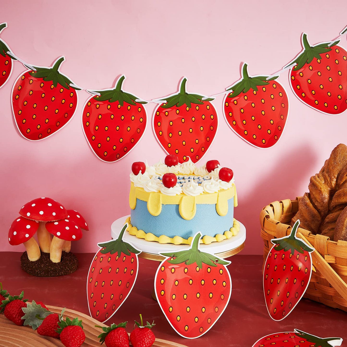 Lewtemi 4 Pcs Berry First Birthday Decor Strawberry Baby Shower Decorations Strawberry Hanging Banner Berry Garland For Strawberry Themed Party Favors Supplies(Red)