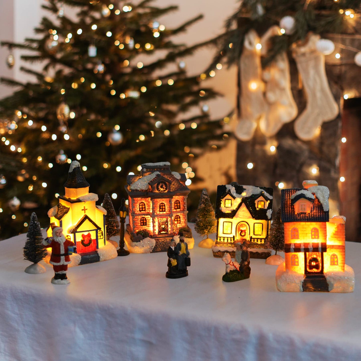 Zornrc Christmas Village Sets-Christmas Decorations,Led Lighted Christmas Village Houses With Figurines, Christmas Village Collection Indoor Room Decor - Collectible Buildings