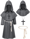 Kids Medieval Renaissance Monk Costume Priest Friar Wizard Cloak Hooded Robe Cosplay Costume Belt Necklace Set(GR 140)