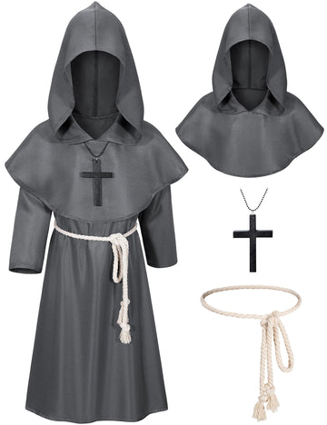 Kids Medieval Renaissance Monk Costume Priest Friar Wizard Cloak Hooded Robe Cosplay Costume Belt Necklace Set(Gr 150)