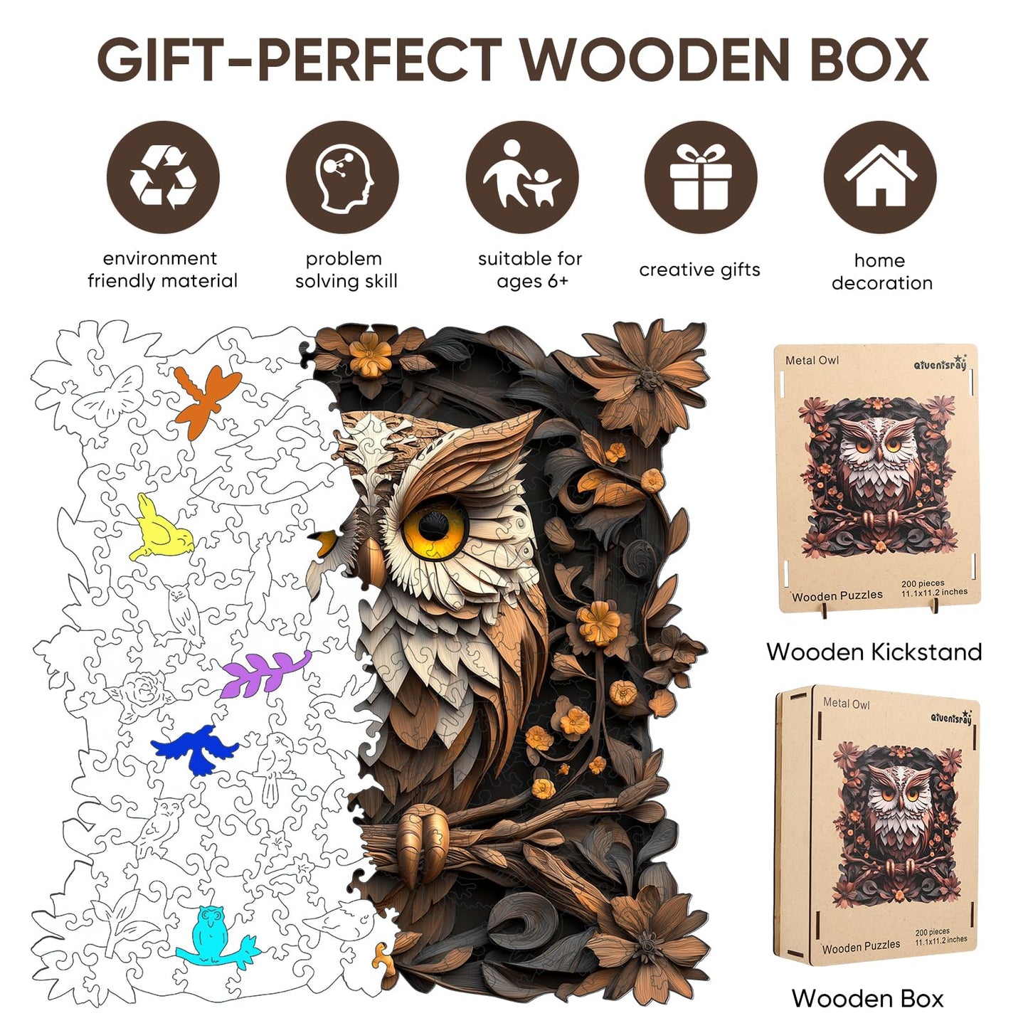 Qiuenisray Wooden Puzzles for mature-themeds  Metal Owl Jigsaw Puzzles 200 Pieces  FSC Certified Unique Animal mature-themed Puzzles  Irregular Creative Gift for Family Game 11.2 x 11.1 in