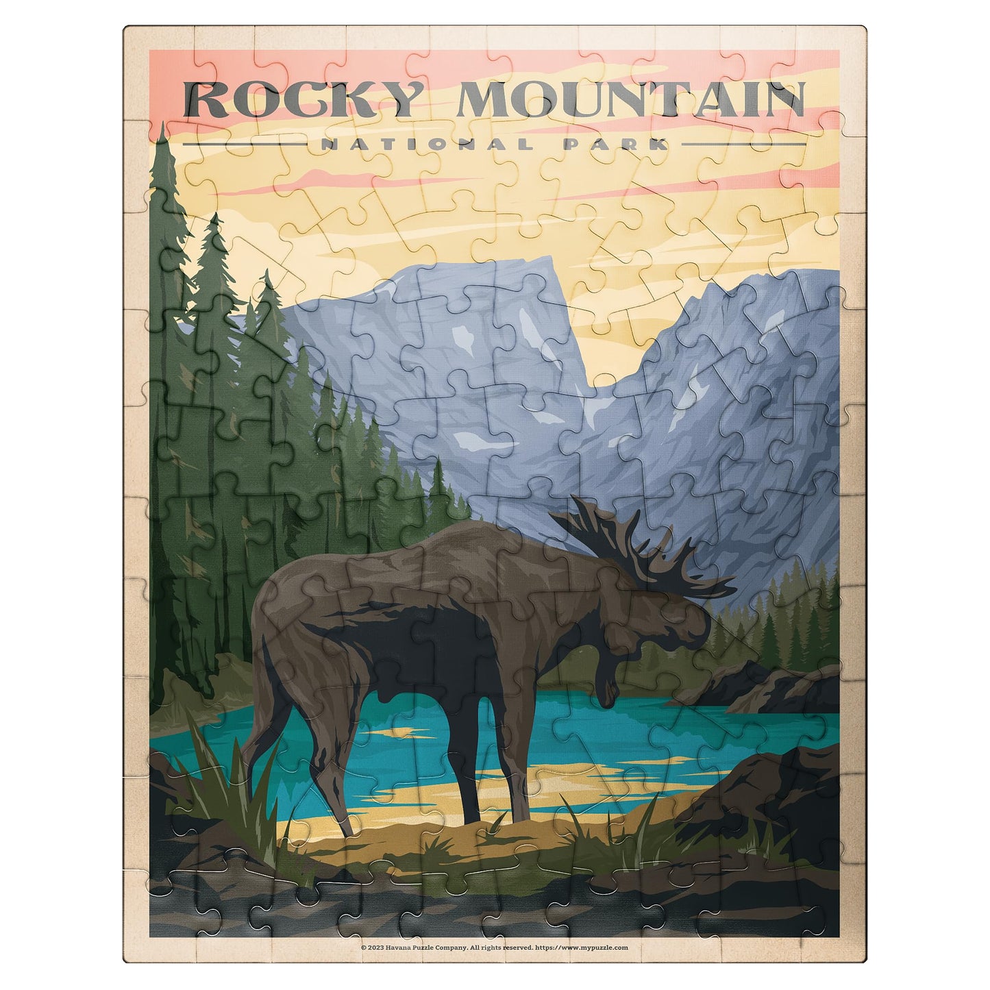 Mypuzzle Rocky Mountain National Park - Moose In The Rocky Sunrise, Vintage Travel Poster - Premium 100 Piece Jigsaw Puzzle For