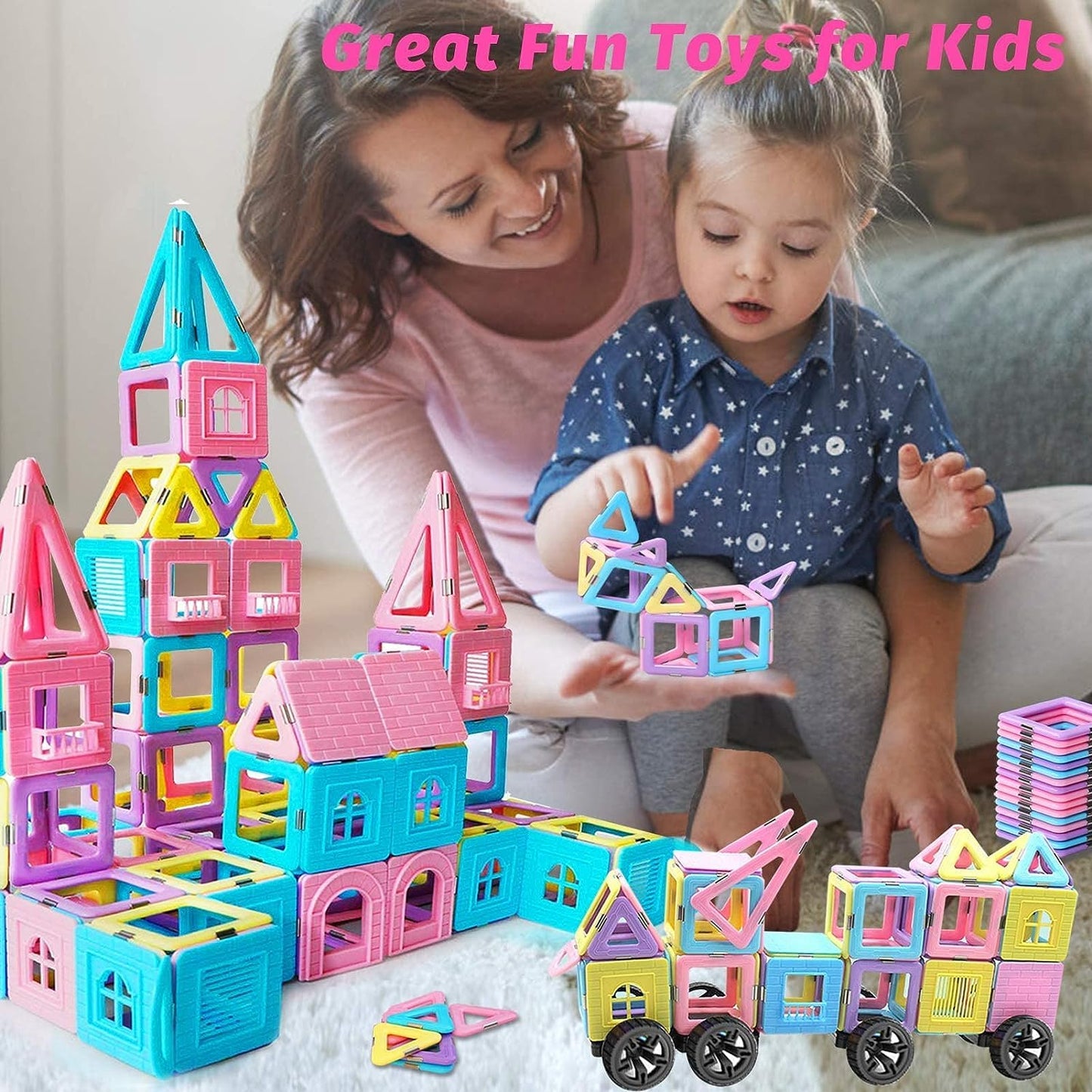 124Pcs Magnetic Blocks Toys For 3 4 5 6 7+ Year Old Boys Girls Macaron Castle Magnetic Tiles Building Blocks Set For Toddlers Stem Creativity/Educational Toys For Kids Age 3-6 Christmas Birthday Gifts
