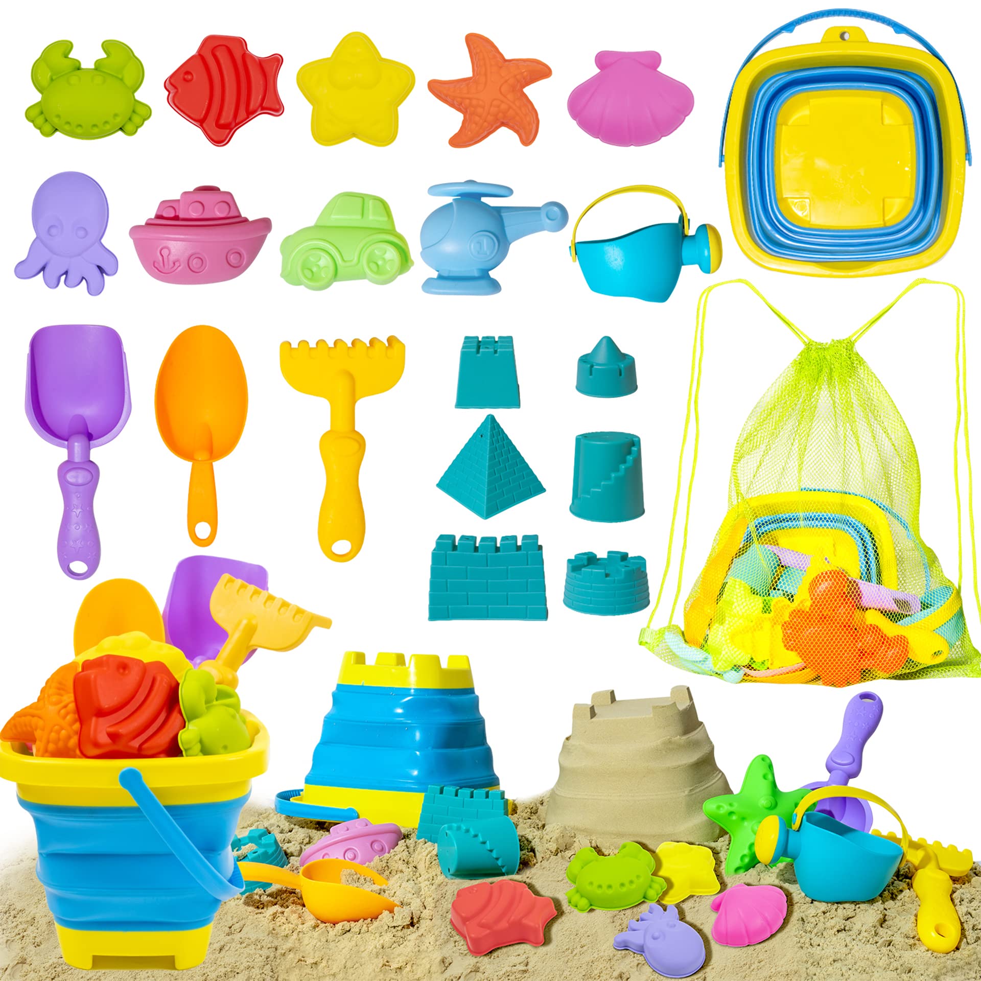Beach Toy Sand Toy Set for Kids Silicone Foldable Sand Bucket with Summer Mesh Bag, Shovel, Rake, Watering Can, Animal and Castl