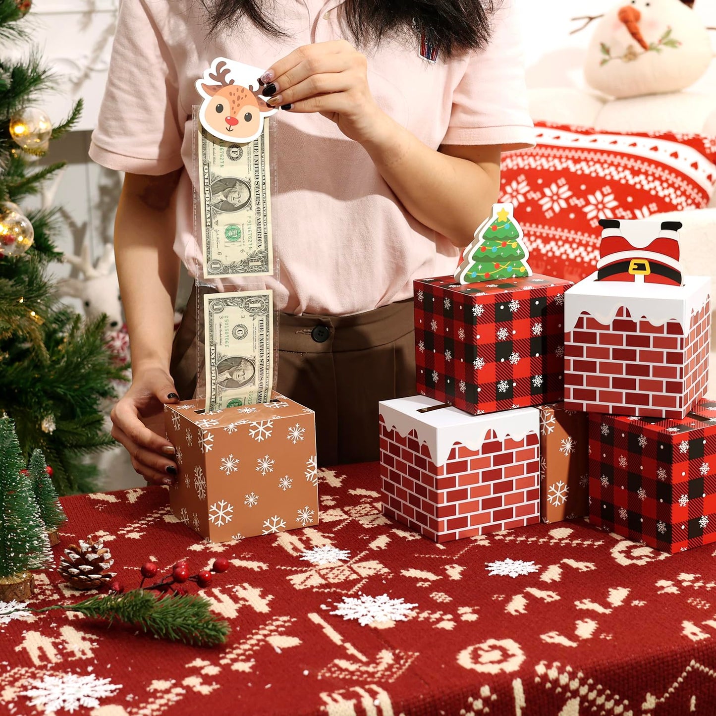 Sinasasspel 6Pcs Christmas Money Box For Cash Pull Surprise Gift Box Money Explosion Holder Santa, Reindeer, Holiday Diy Money Roll Boxes Pull Out Present Xmas Party Supplies