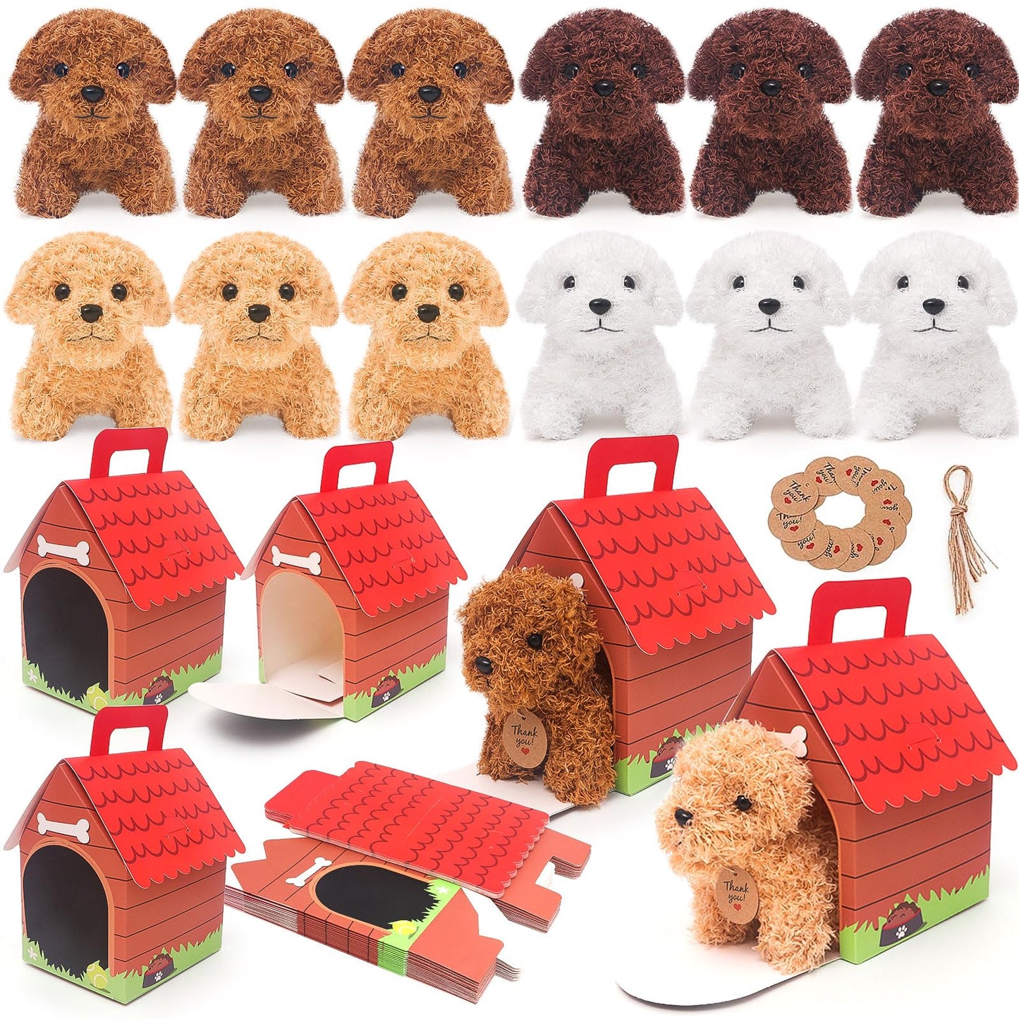 HAPGFS Mini Plush Puppy Keychain Dogs - 12 Pcs White Stuffed Animals with Carton Dog House - Perfect for Birthday Party Favors