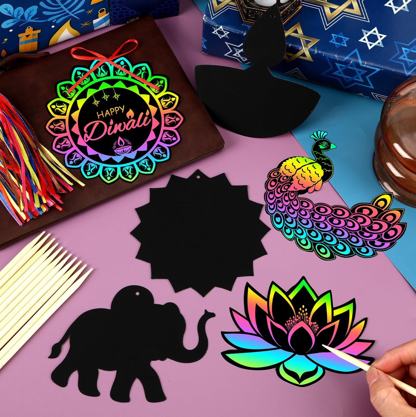 JULMELON 36 PCS Diwali Crafts, Rainbow Scratch Art DIY Scratch Paper Cards Magic Color Diwali Gifts Arts and Craft Kits Bulk Hap