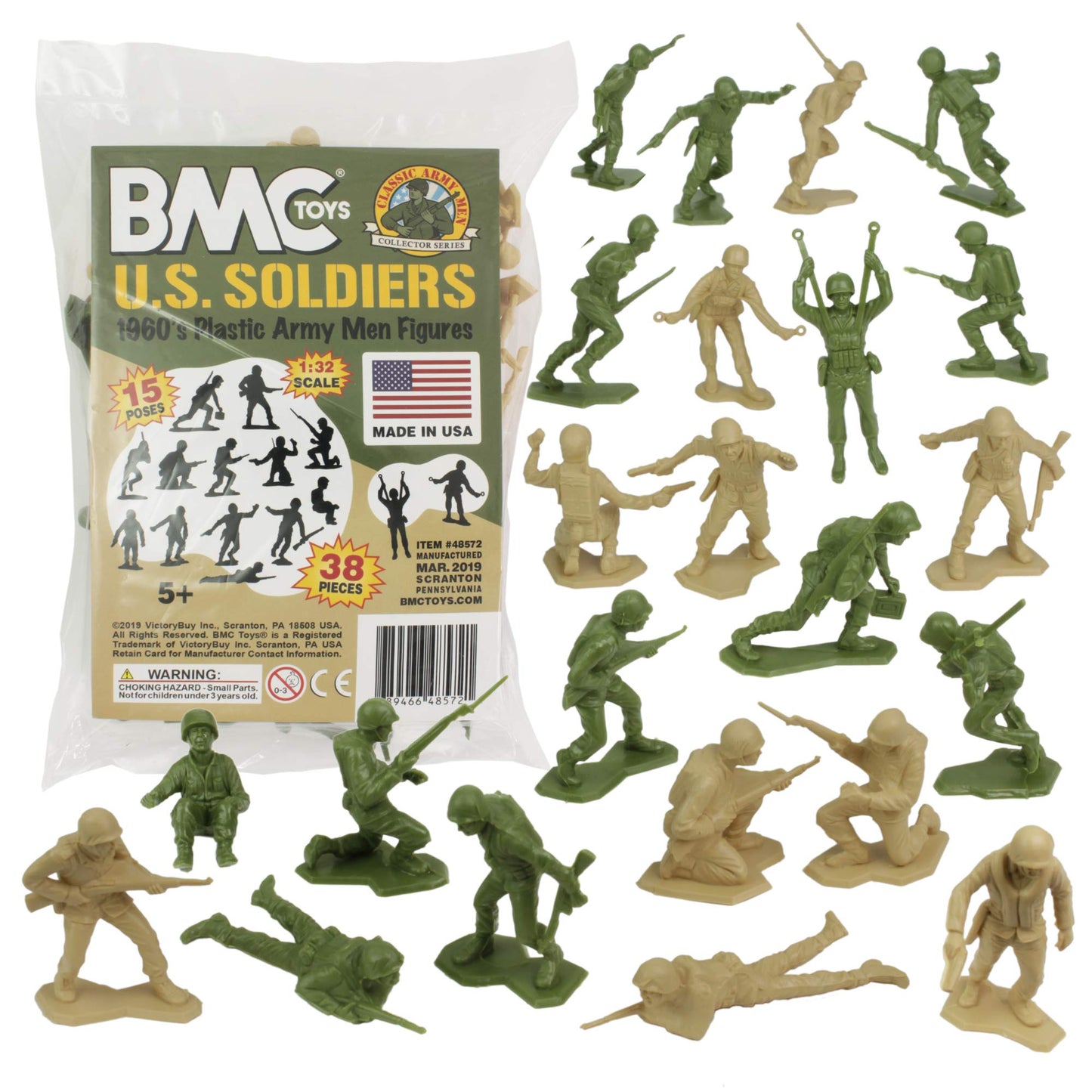 Bmc Marx Plastic Army Men Us Soldiers - Green Vs Tan 38Pc Ww2 Figures - Made In Usa