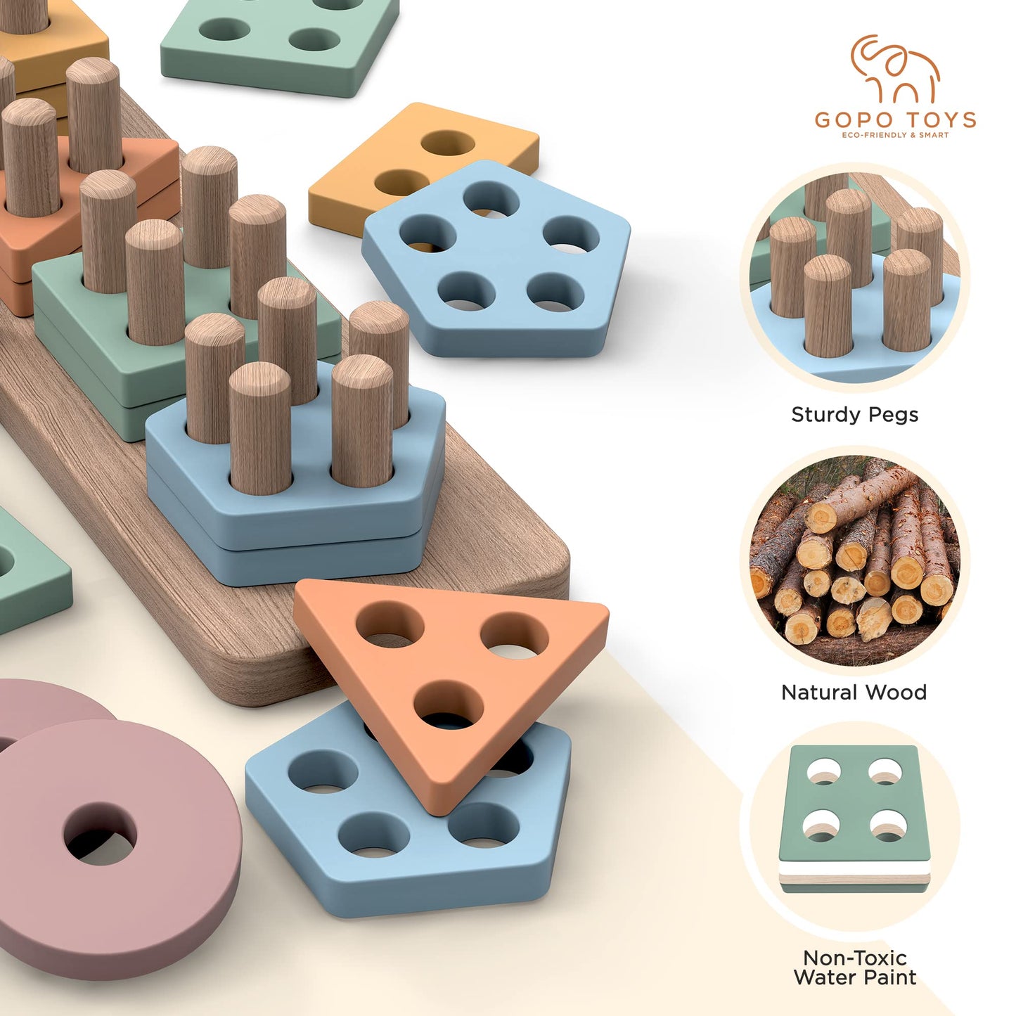Gopo Toys Montessori Toys For 18+ Months Old - Toddlers Wooden Sorting And Stacking Toys For Baby Boys And Girls - Shape Sorter And Color Stacker Preschool Kids Wood Gifts
