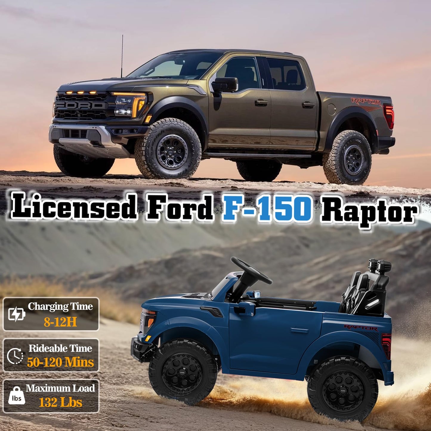 Segmart Licensed Ford F-150 Raptor 2 Seater Electric Car, 24V Kids Ride On Truck W/Remote Control, Toddler Ride On Car Toys W/Le