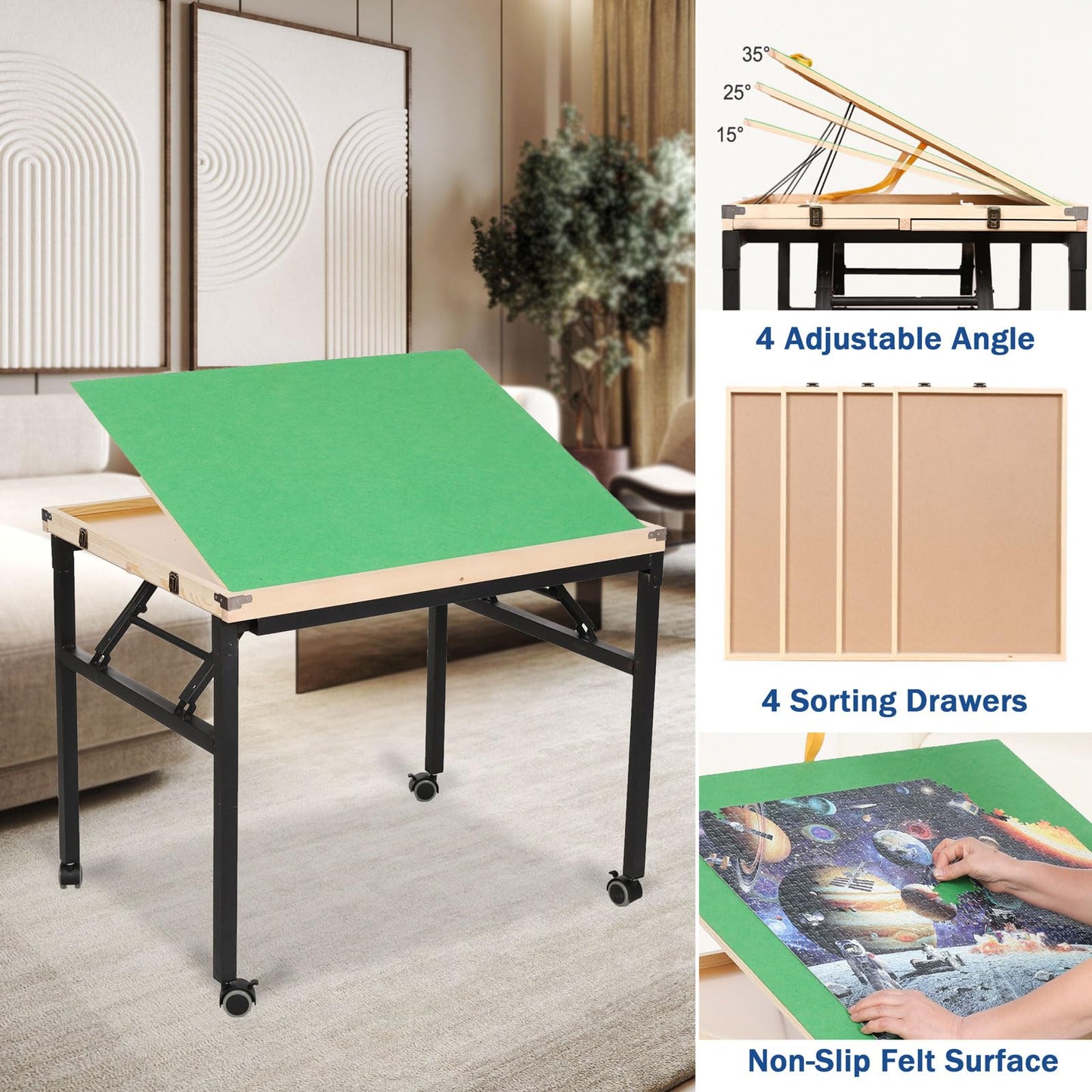 Joypcstable Puzzle Table 1500 Piece, 3-Angle Adjustable Jigsaw Puzzle Table With Drawers, Portable Puzzle Table With White Legs