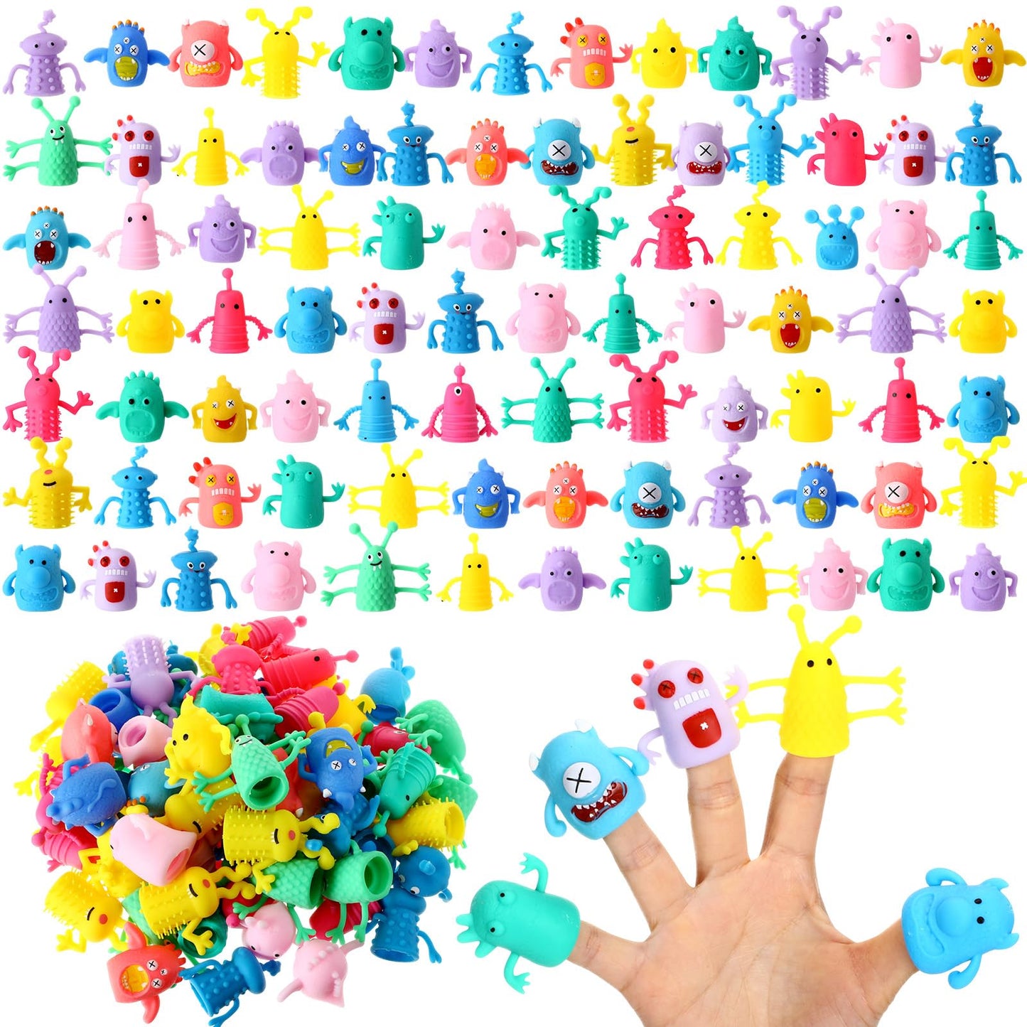 Halloscume 120 Pcs Cute Finger Puppets Toys Monster Stretchy Finger Puppets Funny Colorful Monster Stretchy Toys Soft Rubber Doll Sets for Role Playing Birthday Halloween Kids Party Favors