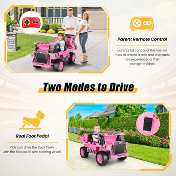 Hikole 12V 4Wd Ride On Dump Truck With Electric Dump Bed, Kids Ride On Cars With Remote Control, Shovel, Led Lights, Music Playe