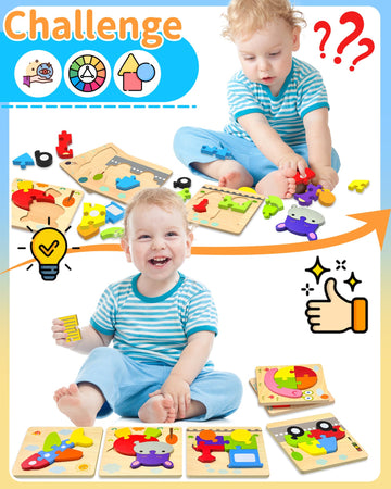Wooden Puzzles Toddler Toys For 1 2 3 Years Old Boys Girls, 8 Vehicle Shape Learning Educational Blocks Birthday Gifts Sensory T