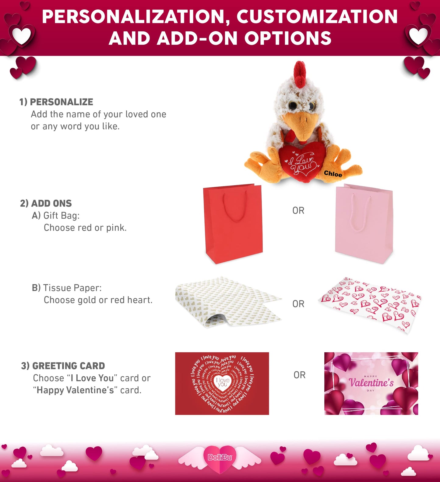 DolliBu Plush Sitting Rooster with Red Heart - 6.5 Inch Cute Stuffed Animal Gift for Valentine's Day, Birthdays, Anniversaries