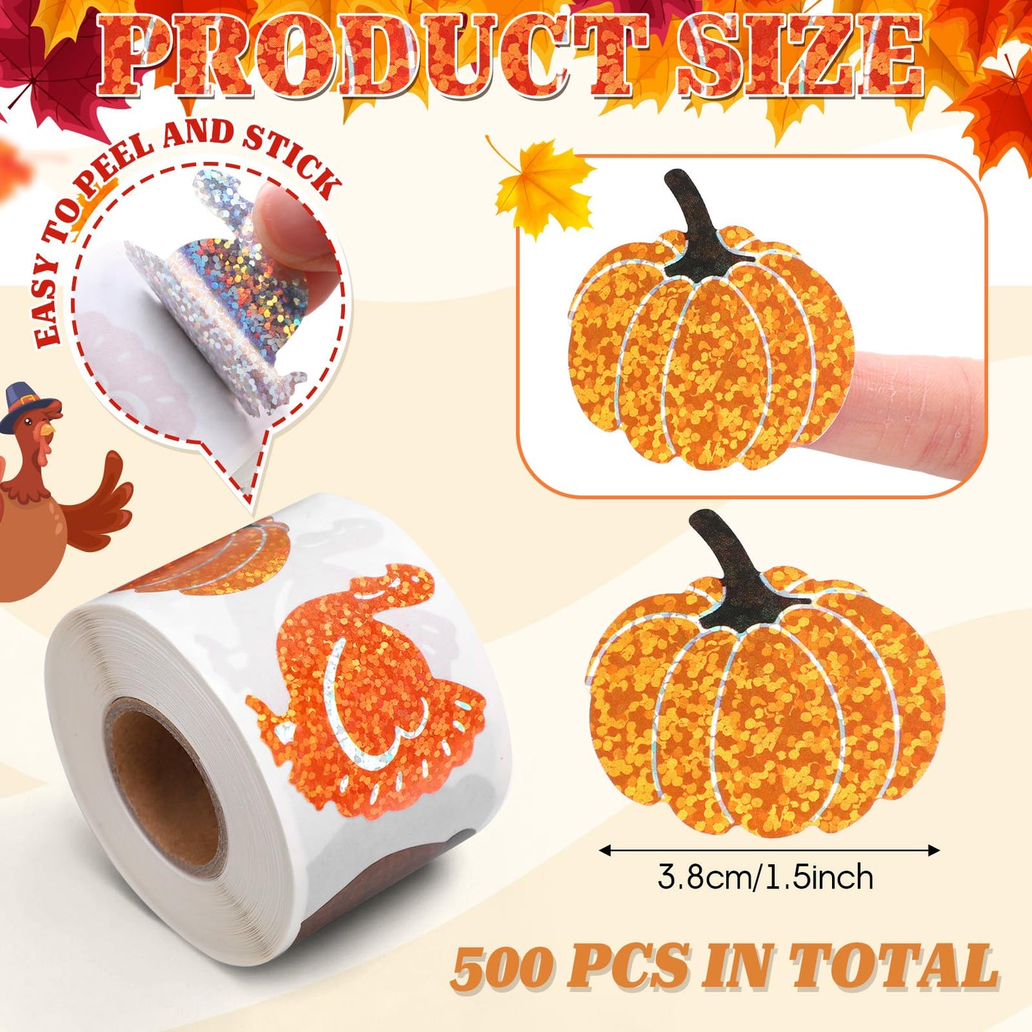 Feifeiya 500 Pcs Fall Thanksgiving Stickers Roll Laser Turkey Maple Leaf Acorn Decals 1.5 Inch Waterproof Self Adhesive Sparkly