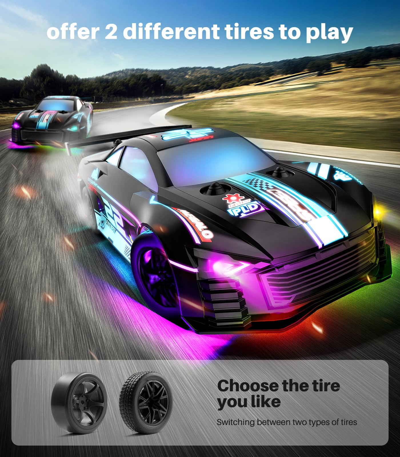 DODOELEPHANT RC Drift Car, 4WD Remote Control Vehicle with LED Lights, 2.4GHz Race Car with Drifting & Racing Tires, 2 Rechargea