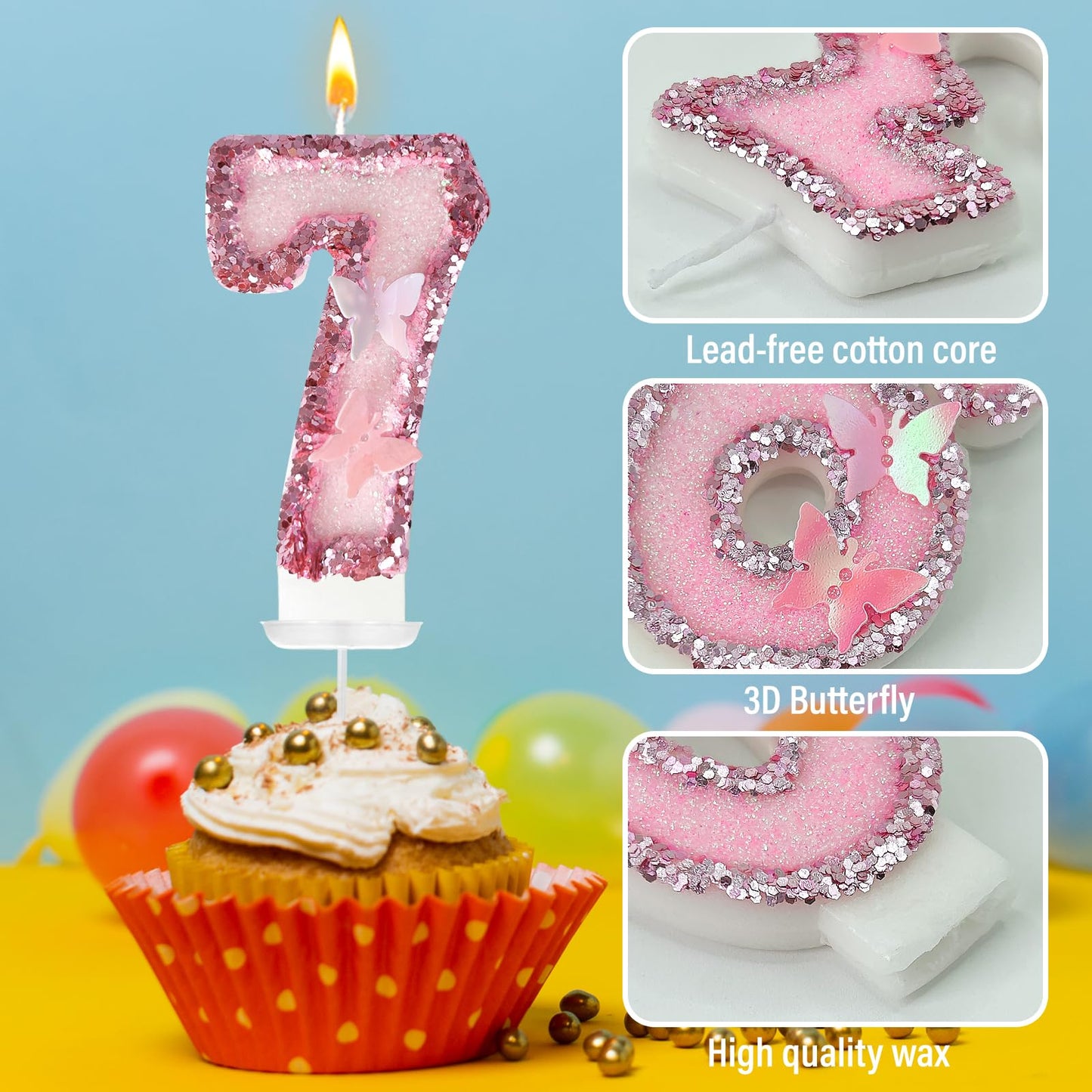 JonesLi 7th Birthday Candles?Glitter Butterfly Cake Toppers Pink Sequins Wedding Numeral Cupcake Decorations?Suitable for Girl a