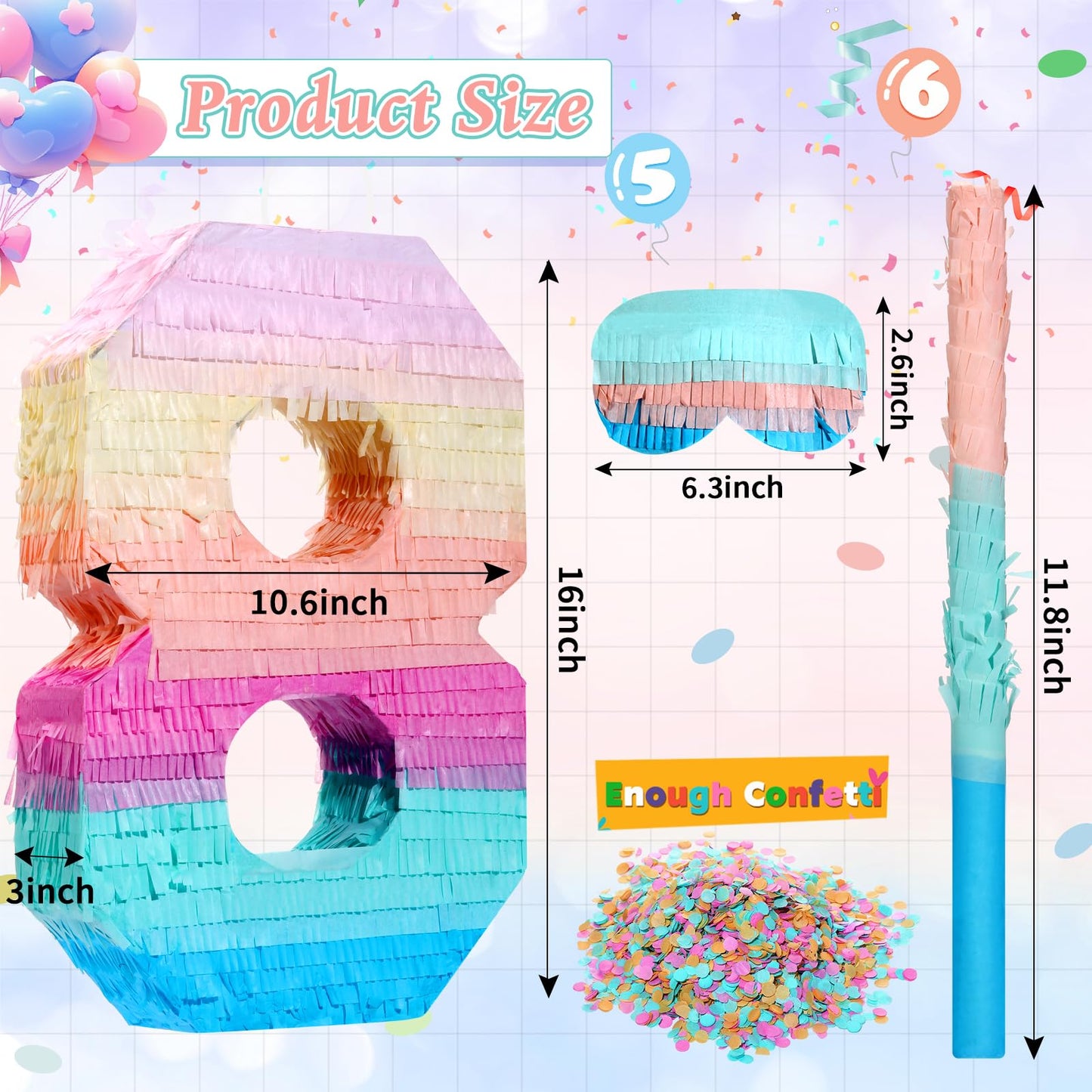 Jenaai 16 Inch Number Piata Kids Birthday Party Macaron Piata with Blindfold Stick and Confetti for Unicorn Birthday Wedding Bab