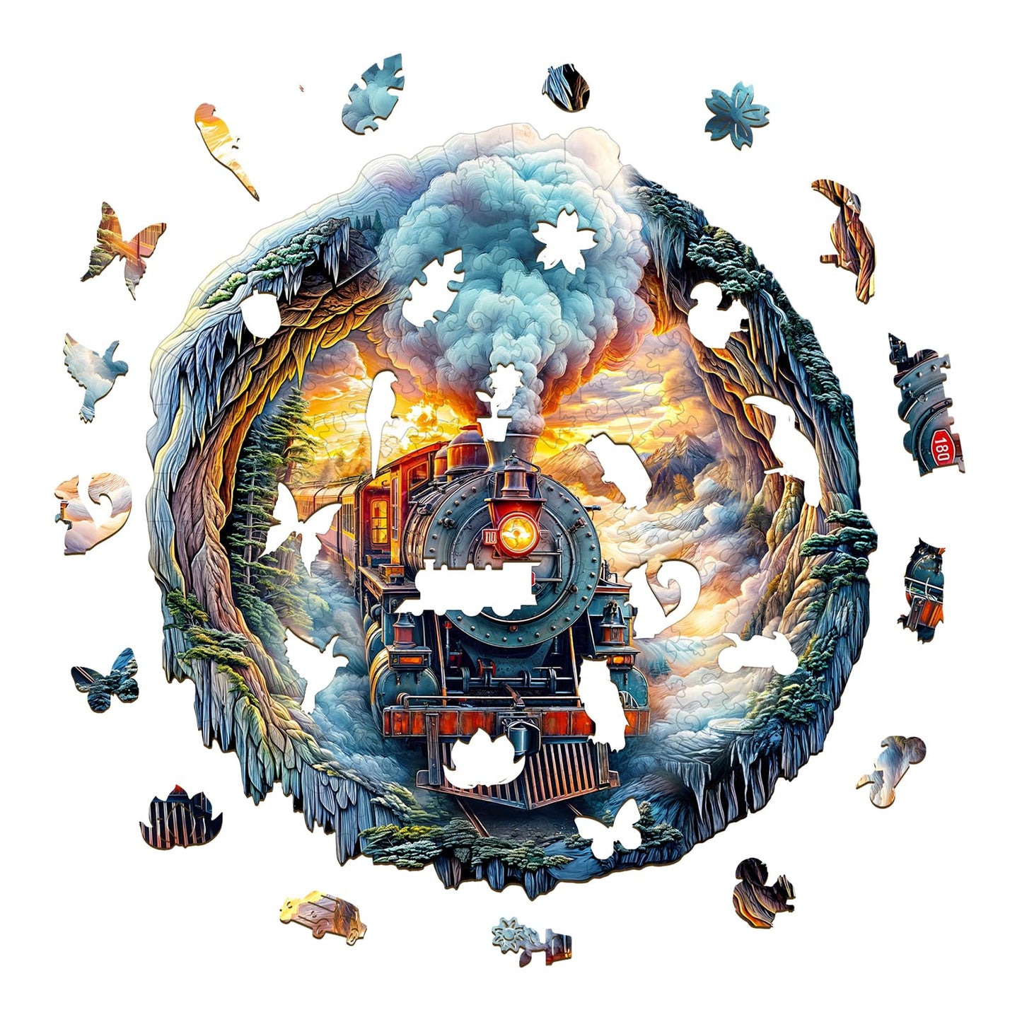 KAAYEE Wooden Puzzles for mature-themeds 170 Pieces Visual 3D Steam Train Wooden Jigsaw Puzzles for mature-themeds Unique Shaped Train Wood Puzzle Gifts for Mother's Day mature-themed Kids(11.4 * 11 in)