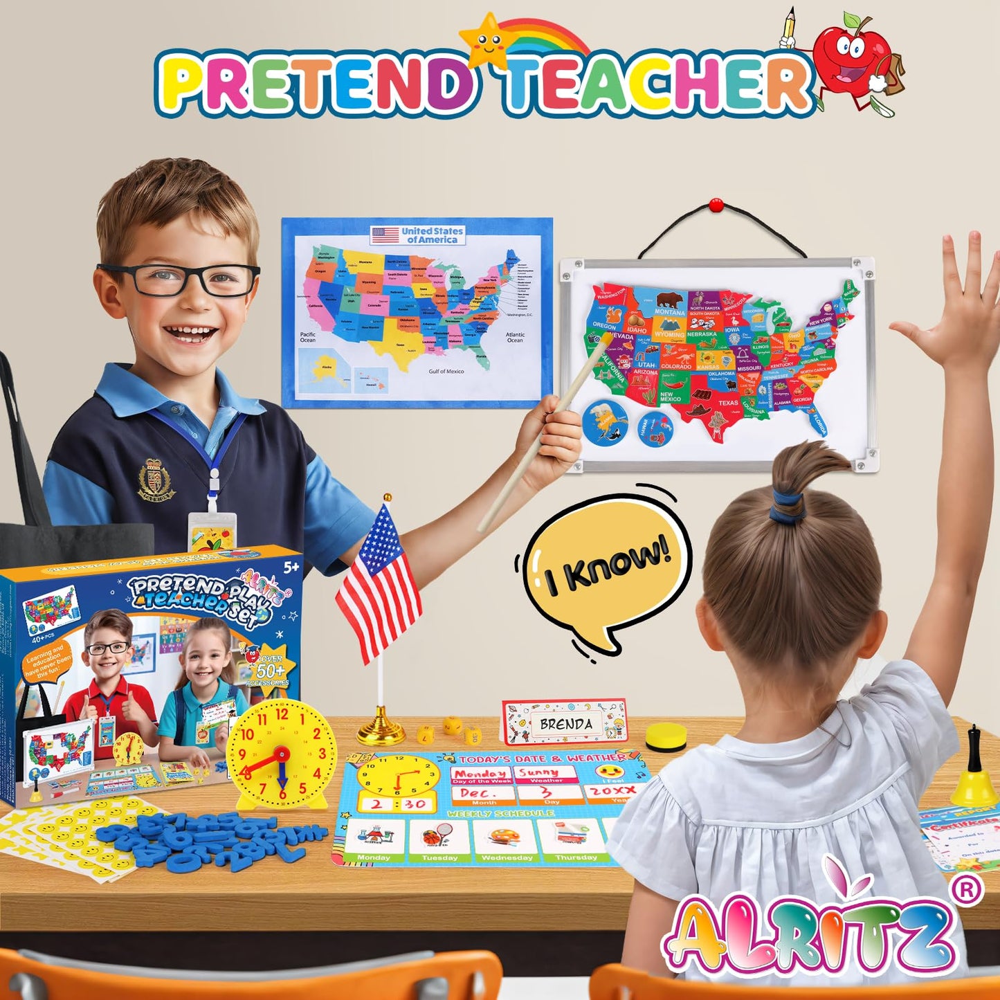 Alritz Pretend Teacher Playset, Role Pretend Play Kids School Toys Kit Include Map, Calendar, White Board Boys Girls Toys, Christmas Birthday Gift For Ages 5 6 7 8 9 10 11 12 13+