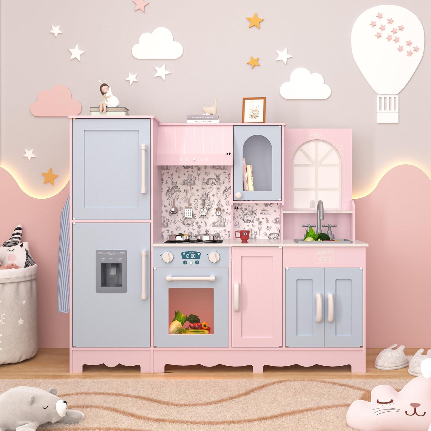 BRINJOY Play Kitchen for Kids, Wooden Kids Kitchen Playset w/Faucet, Sink, Stove, Oven, Window, Cookware, Storage Cabinets, Todd