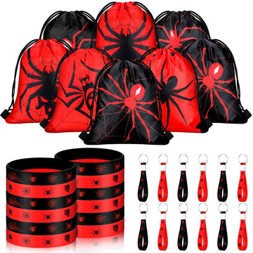 Lothee 32 Pieces Spider Web Birthday Party Decoration Set Spider Web Drawstring Bags Funny Travel Sack Backpack Rubber Bracelets