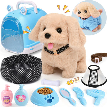 Cleboen 14pcs Robot Dog Toys for Kids Girls Boys 3-6  Realistic Electronic Interactive Plush Toy Dog with Walk & Bark  Pretend Play Puppy Pet Care Playset  3 4 5 6 Year Old Girl Birthday Gift Ideas