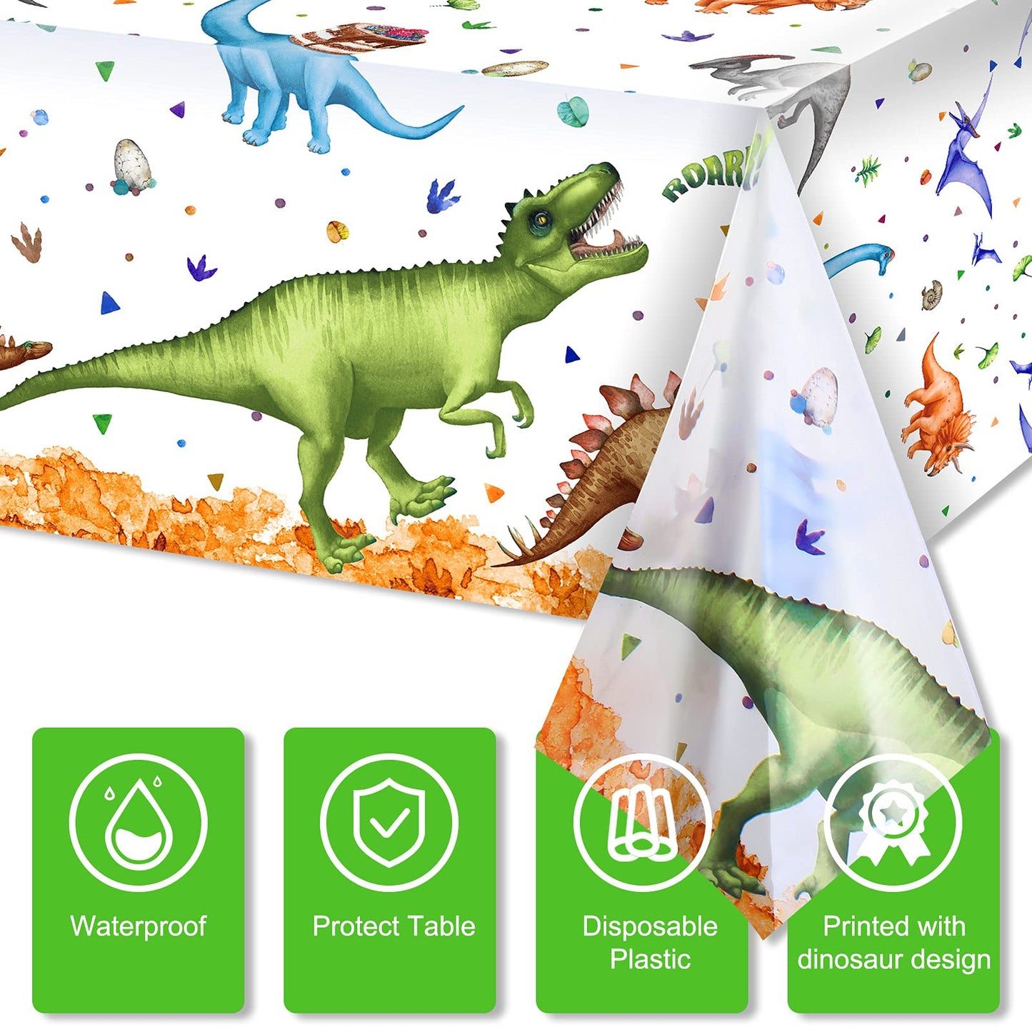 Tatuo 3 Pcs Watercolor Dinosaur Tablecloth 54 x 108 Inch Dinosaur Birthday Party Plastic Table Cover Decoration Disposable Water