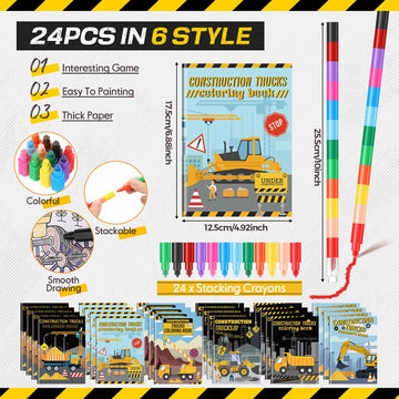 Motipuns 24 Set Valentines Day Exchange Classroom Gifts, 24 Construction Trucks Coloring Book with 24 Stacking Crayons for Stud