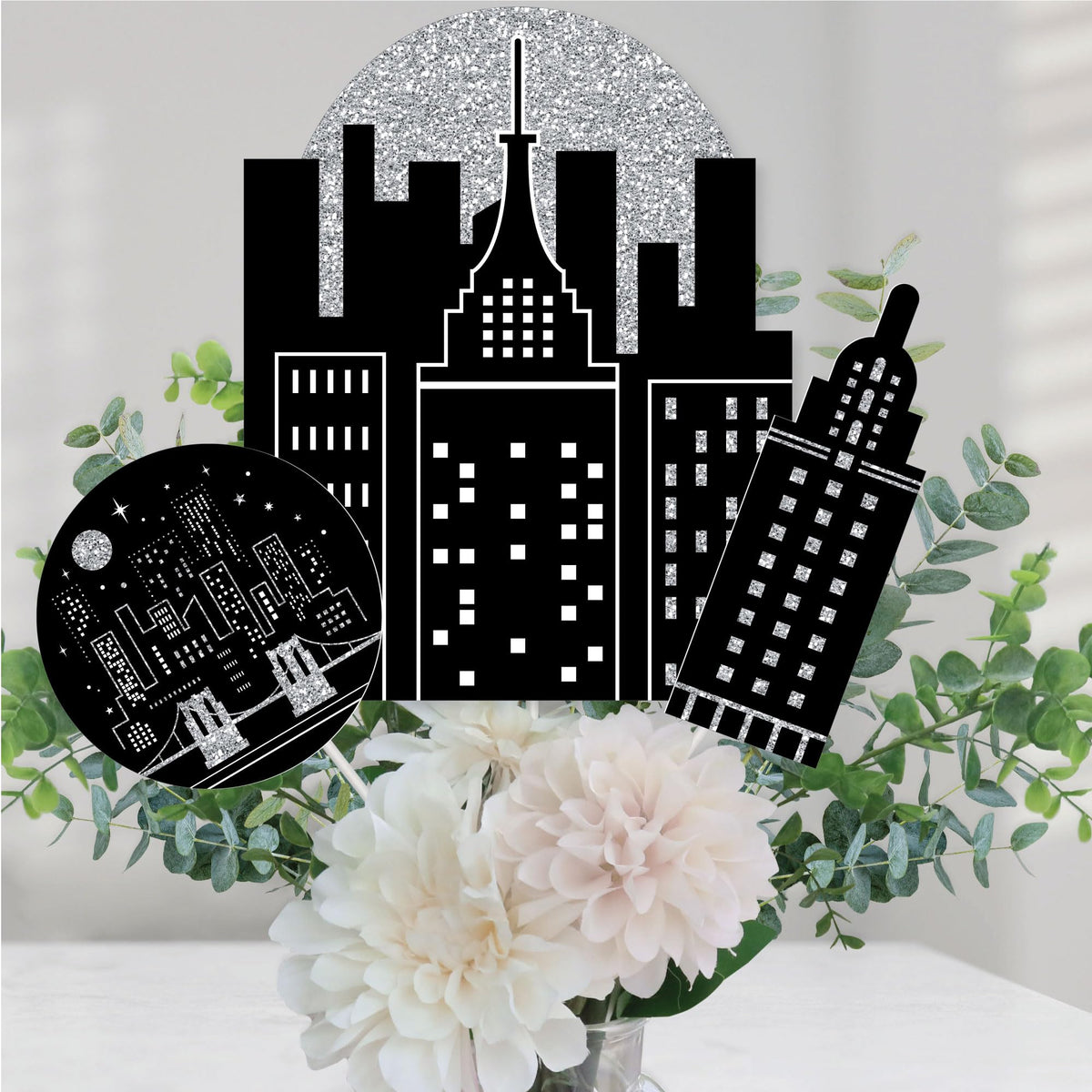 Big Dot of Happiness Nighttime City Skyline  New York Party Centerpiece Sticks  Table Toppers  Set of 15