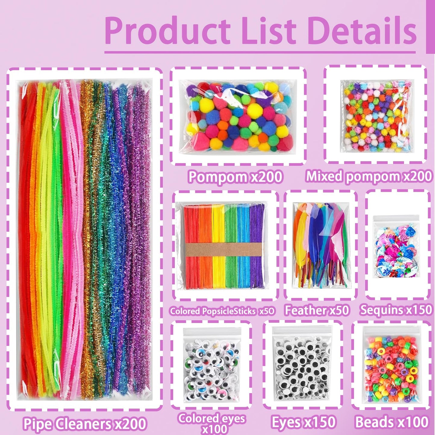 FUNZBO 1200pcs+ Arts & Crafts Supplies for Kids- Craft Kits with Pipe Cleaners, Pom Poms for Crafts, Popsicle Sticks for Craft,