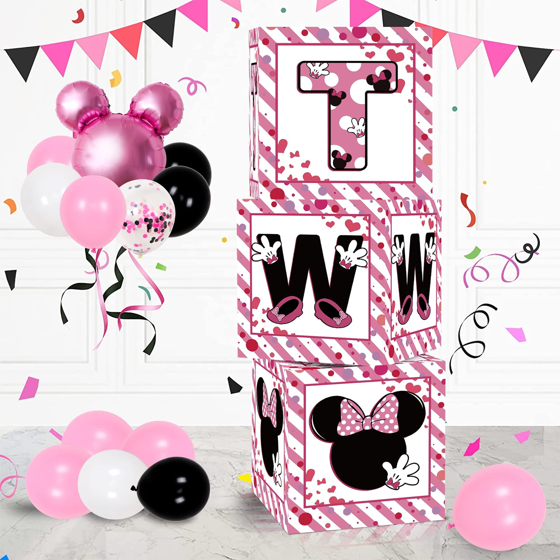 2Nd Birthday Party Favors Balloon Boxes Supplies For Baby, Girls 3Pcs Pink Mouse Theme Two Year Old Balloon Boxes, 'Two' Letters