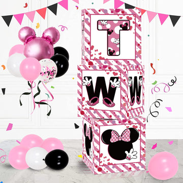 2Nd Birthday Party Favors Balloon Boxes Supplies For Baby, Girls 3Pcs Pink Mouse Theme Two Year Old Balloon Boxes, 'Two' Letters