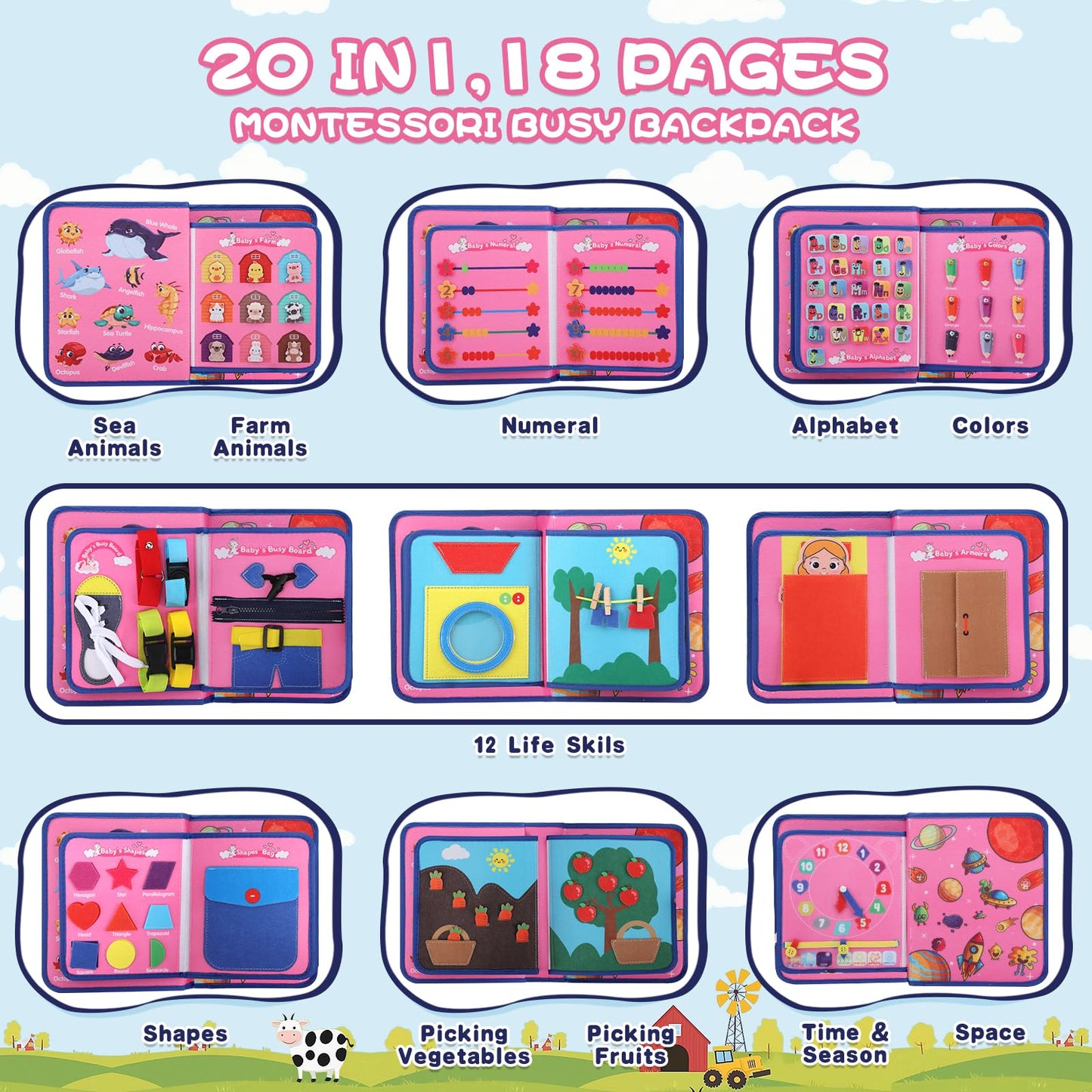 Fedonak 20 In 1 Montessori-Toys Busy Board For Toddlers 1-3, Busy Book For 1 2 3 Year Old Boy Girls Birthday Gift, Preschool Lea