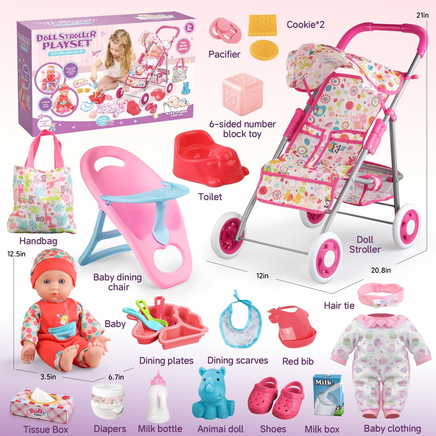 Baby Doll Stroller Set Toys For Girls Toddlers 3-5 4-6 Gifts,Baby Doll Set With 12.5 Inch Doll,1 Baby Dining Chair,20 Pcs Baby D