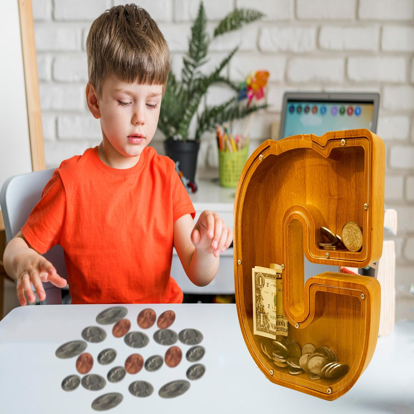 Personalized Wooden Letter Piggy Bank for Boys and Girls with Children's Letters, Customized Laser Engraved Names, Creative, Pig