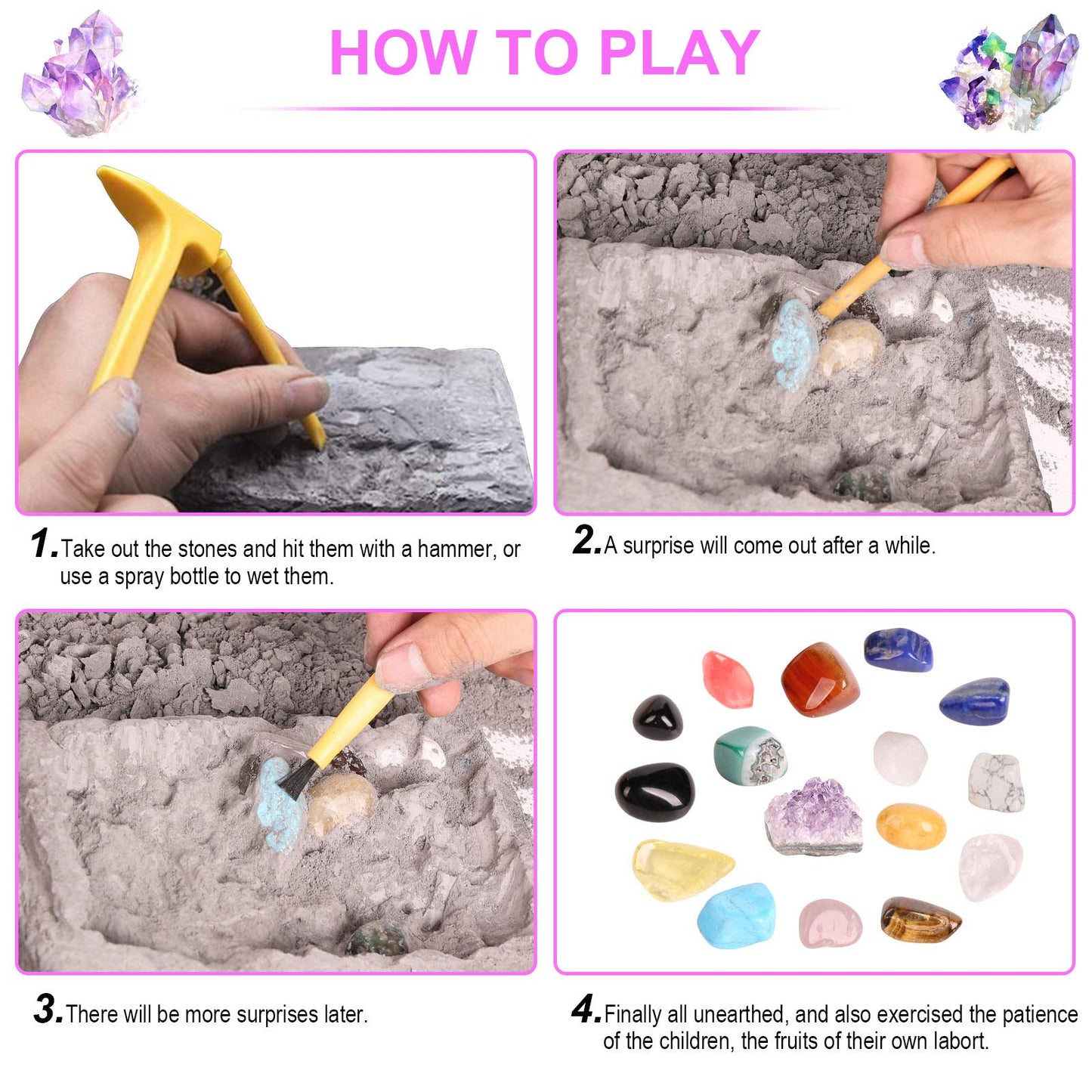 Gemstone Dig Kit, 16 Real Gem Stones And Crystals Excavation Kit, Stem Educational Toys Science Kit For Kids 5-7 8-12, Easter Basket Stuffers Gifts For Boys Girls