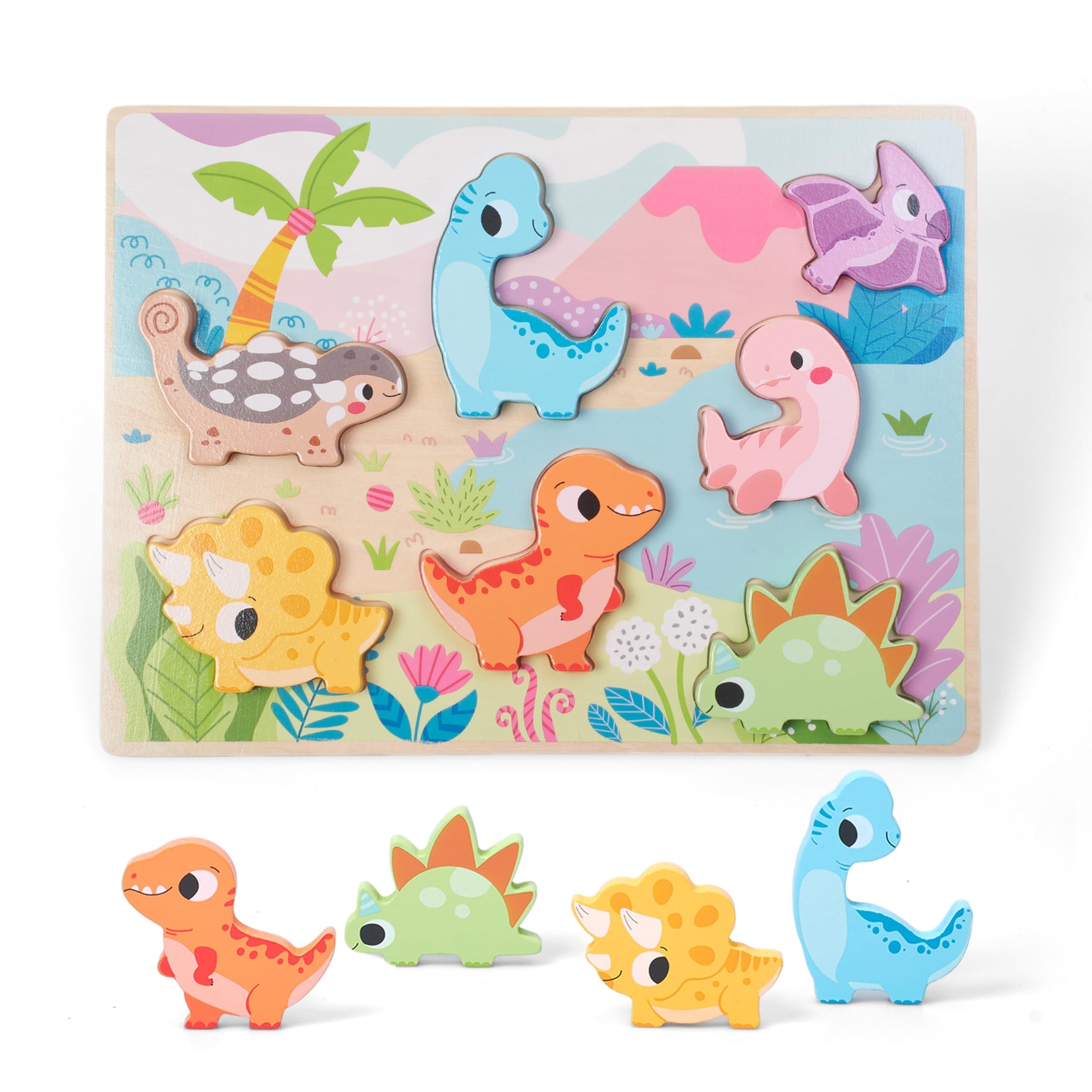 Prextex Dinosaur Wooden Chunky Puzzles For Toddlers - 7 Brightly Colored Dinosaur Shapes - Montessori Educational Toy To Improve