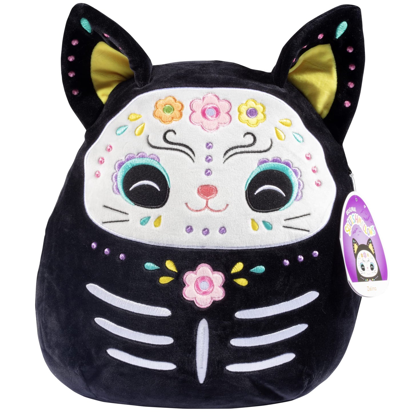 Squishmallows 12-Inch Zelina Day of The Dead Cat Plush Toy - Black Polyester Stuffed Animal for Kids, Girls & Boys