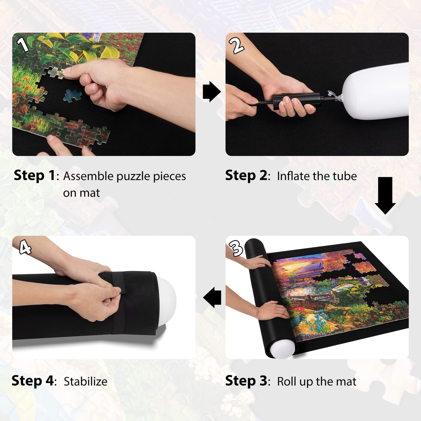Becko US Puzzle Mat Roll Up for 3000 Pieces, Felt with Drawstring Bag, Black, E2015-DGra26, Easy Storage & Anti-Leak Tube