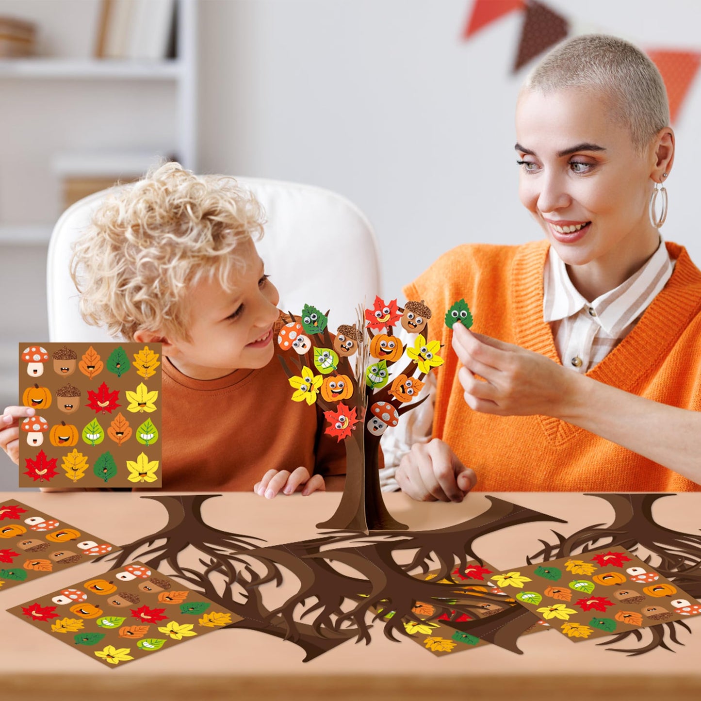WATINC Fall Leaves Tree Craft Kits - 16Pcs Autumn Movable Eyes Trees for Party Favor Ornament Making Supplies, DIY Thanksgiving